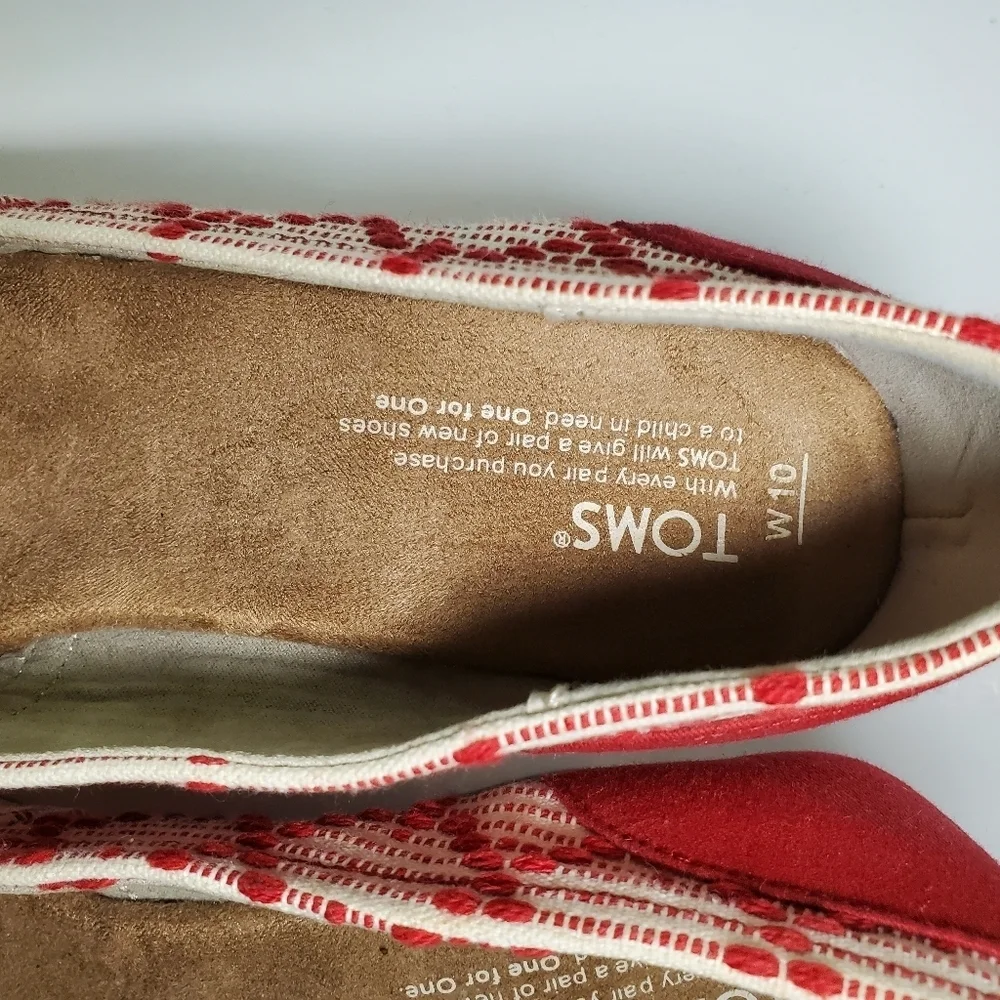 TOMS Scarlett Red Cream Cheron Woven Peep Toe Cork Wedge Size 10 EUC
